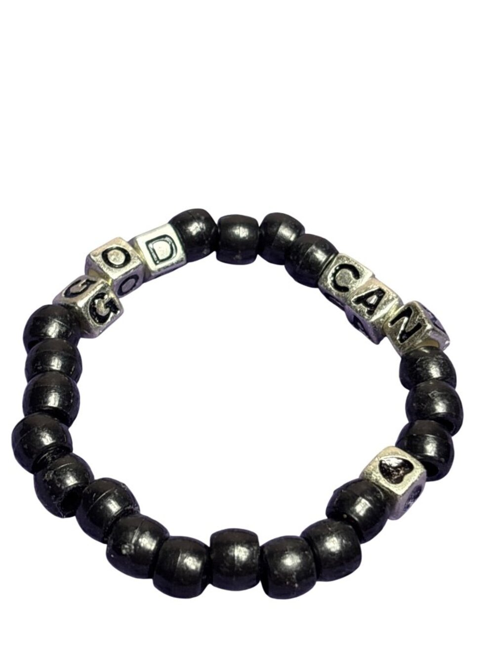 Slightly Stretchy Roll On Bracelet Black Plastic Beaded Silvertone God Can Heart